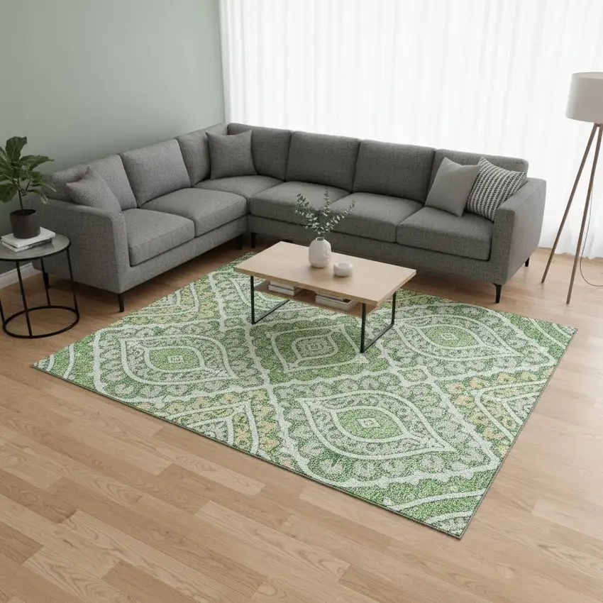 Green Ivory And Gold Diamond Washable Area Rug With UV Protection Photo 2