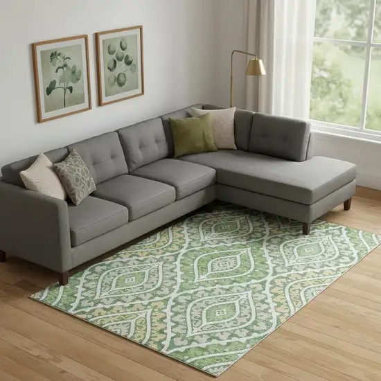 Green Ivory And Gold Diamond Washable Area Rug With UV Protection Photo 1