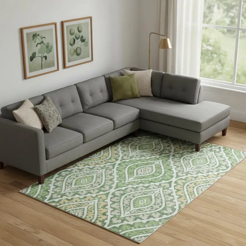 Green Ivory And Gold Diamond Washable Area Rug With UV Protection Photo 1