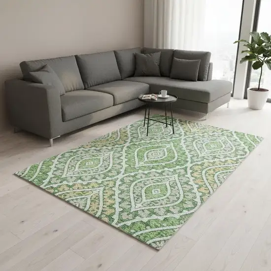 Green Ivory And Gold Diamond Washable Area Rug With UV Protection Photo 2