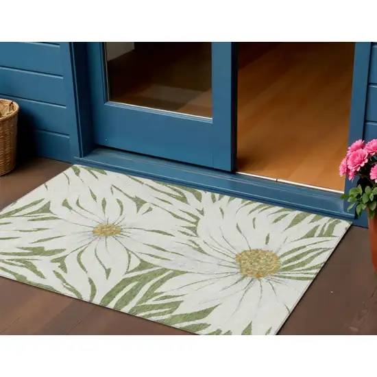 Green Ivory And Gold Floral Washable Indoor Outdoor Area Rug Photo 1