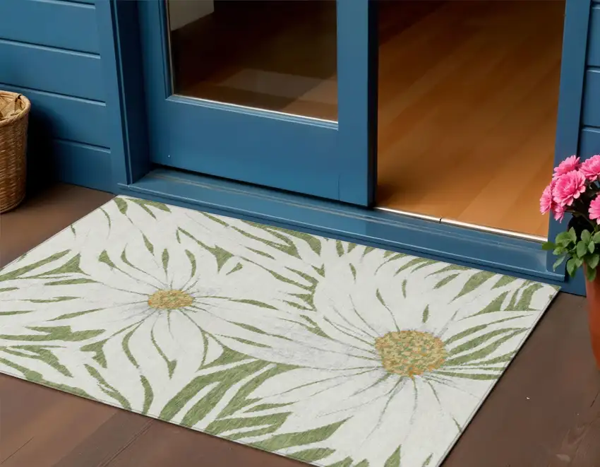 Green Ivory And Gold Floral Washable Indoor Outdoor Area Rug Photo 1