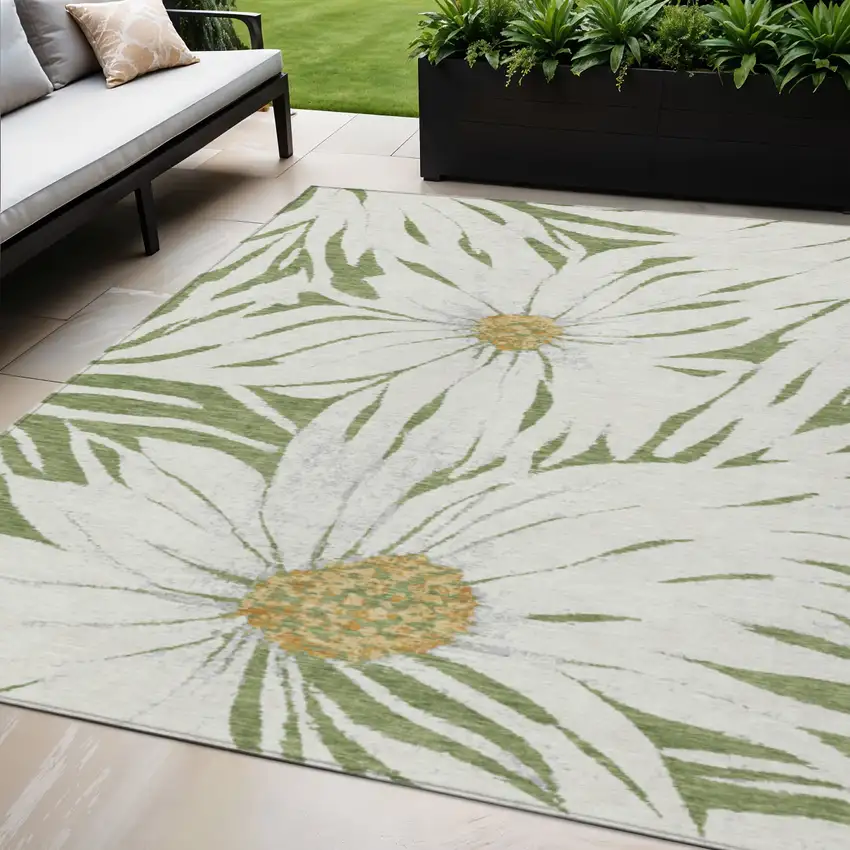 Green Ivory And Gold Floral Washable Indoor Outdoor Area Rug Photo 1