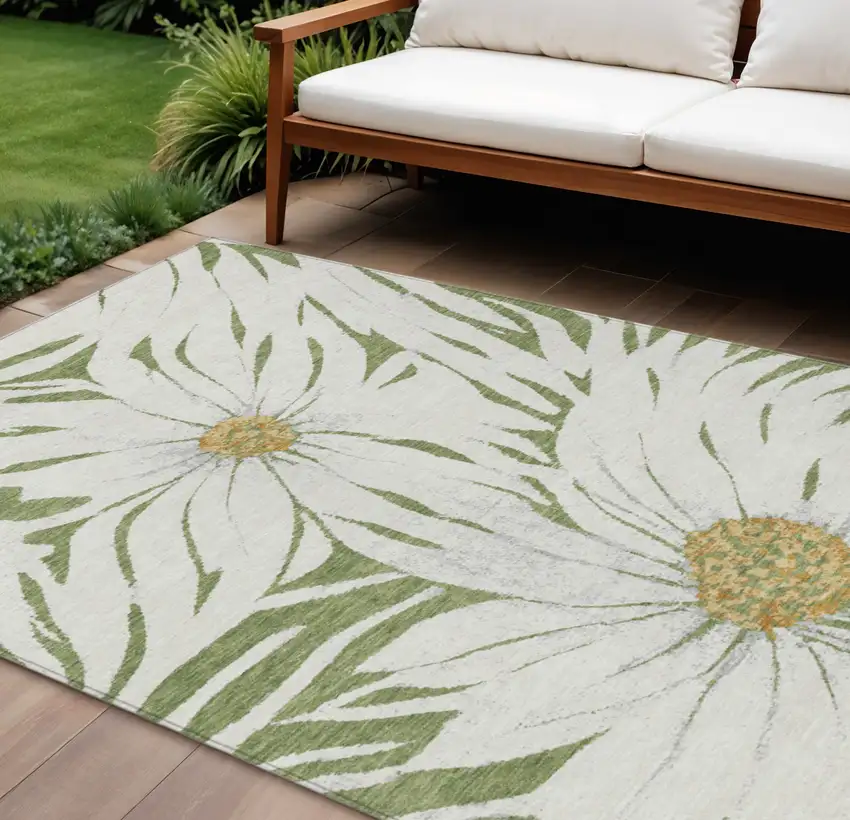 Green Ivory And Gold Floral Washable Indoor Outdoor Area Rug Photo 1