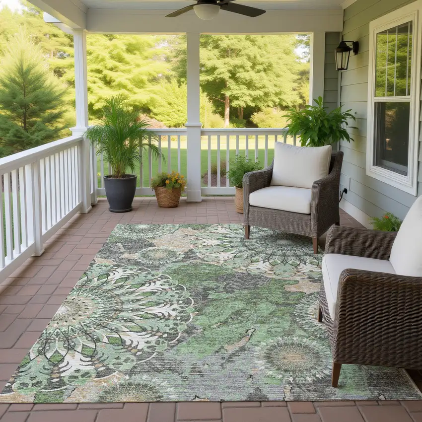 Green Ivory And Gold Paisley Washable Indoor Outdoor Area Rug Photo 9