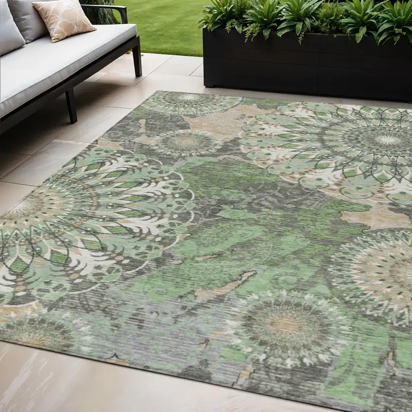 Green Ivory And Gold Paisley Washable Indoor Outdoor Area Rug Photo 1