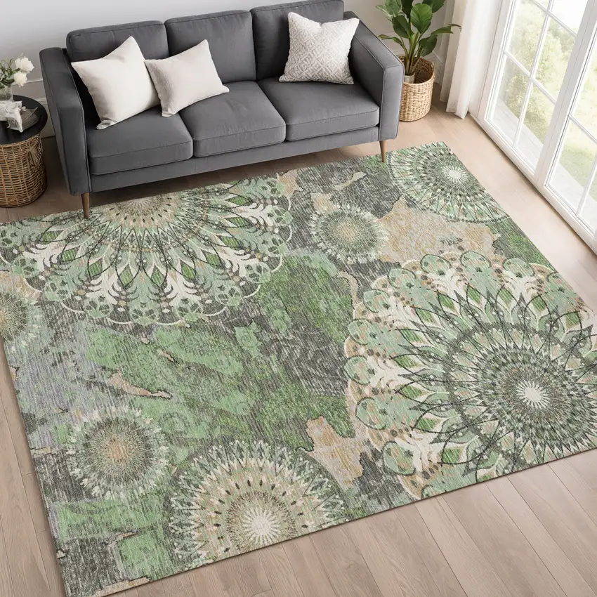 Green Ivory And Gold Paisley Washable Indoor Outdoor Area Rug Photo 9