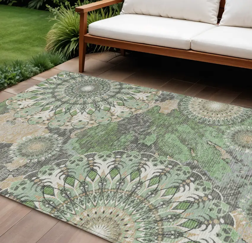 Green Ivory And Gold Paisley Washable Indoor Outdoor Area Rug Photo 1