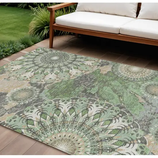 Green Ivory And Gold Paisley Washable Indoor Outdoor Area Rug Photo 1