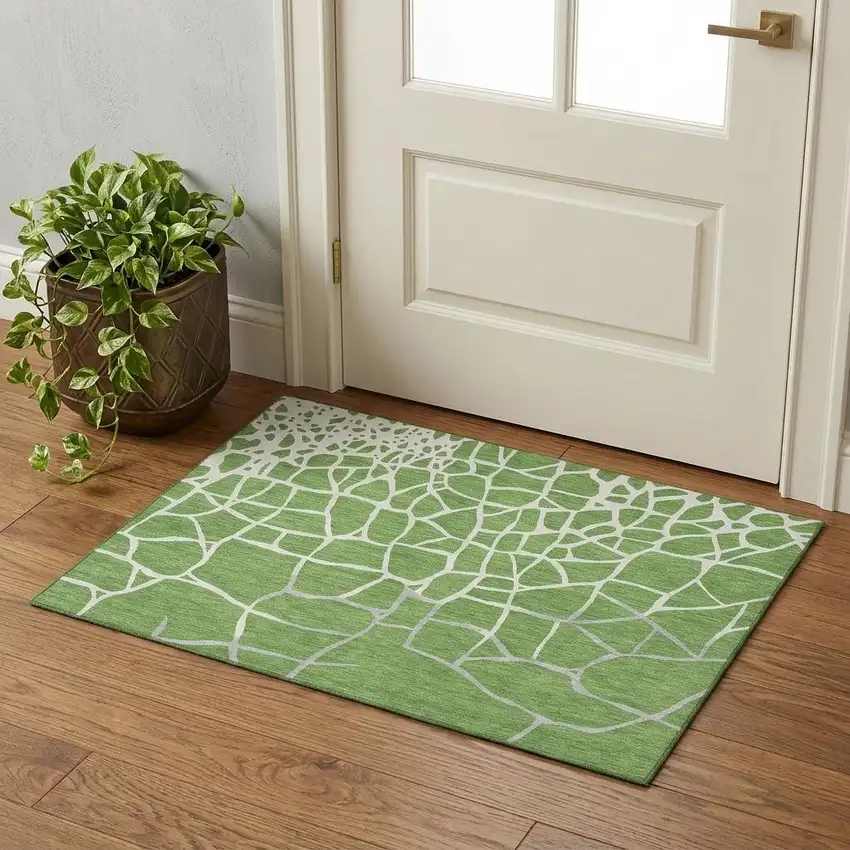 Green Ivory And Gray Abstract Geometric Washable Area Rug With UV Protection Photo 1