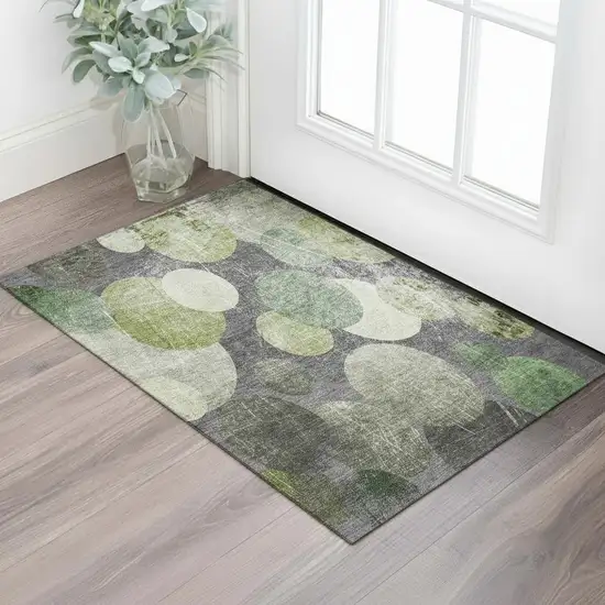 Green Ivory And Gray Abstract Washable Area Rug With UV Protection Photo 1