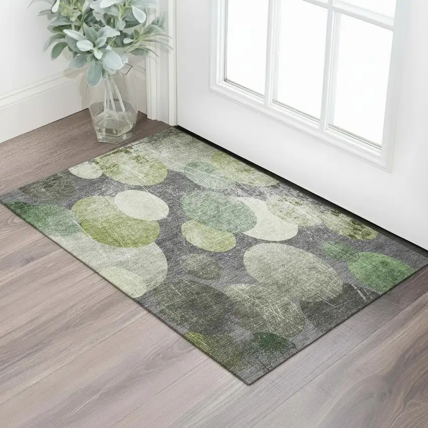 Green Ivory And Gray Abstract Washable Area Rug With UV Protection Photo 1