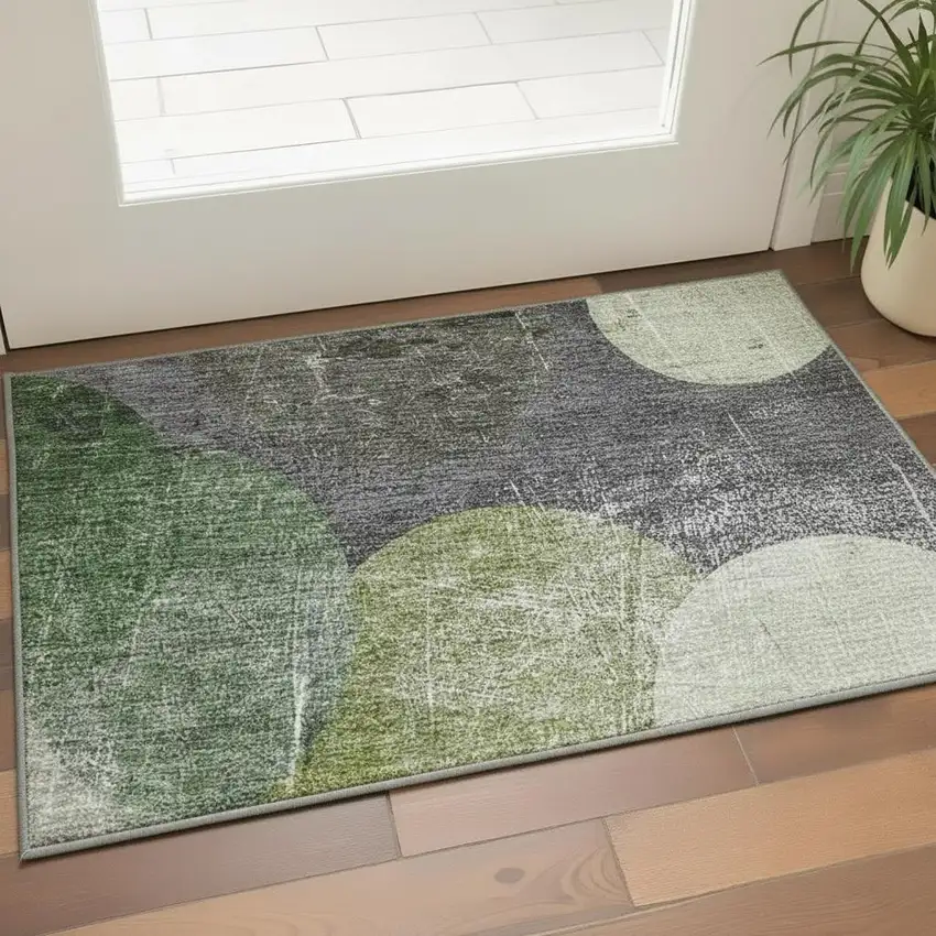 Green Ivory And Gray Abstract Washable Area Rug With UV Protection Photo 2