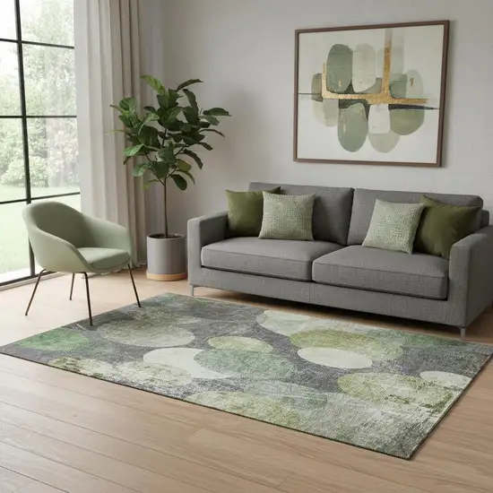 Green Ivory And Gray Abstract Washable Area Rug With UV Protection Photo 1