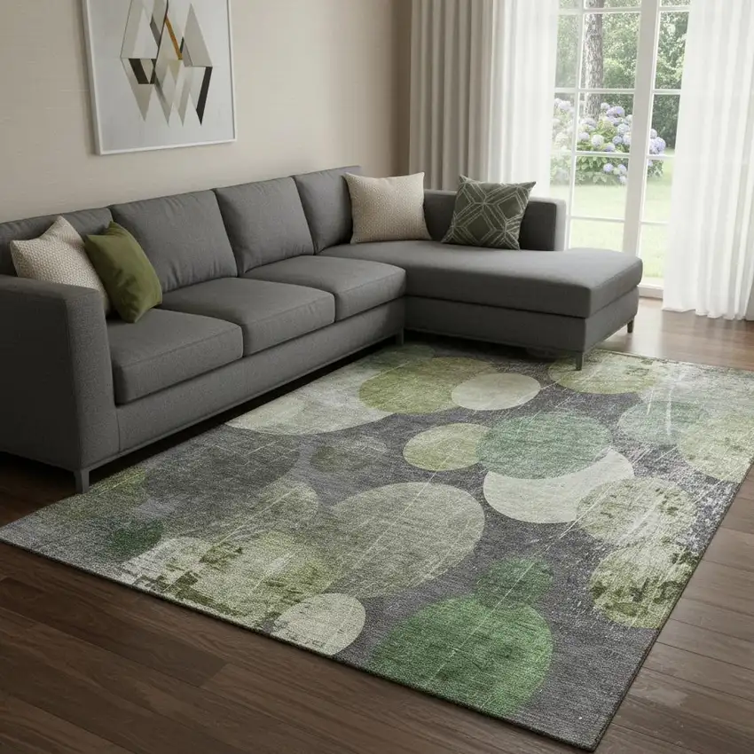 Green Ivory And Gray Abstract Washable Area Rug With UV Protection Photo 1