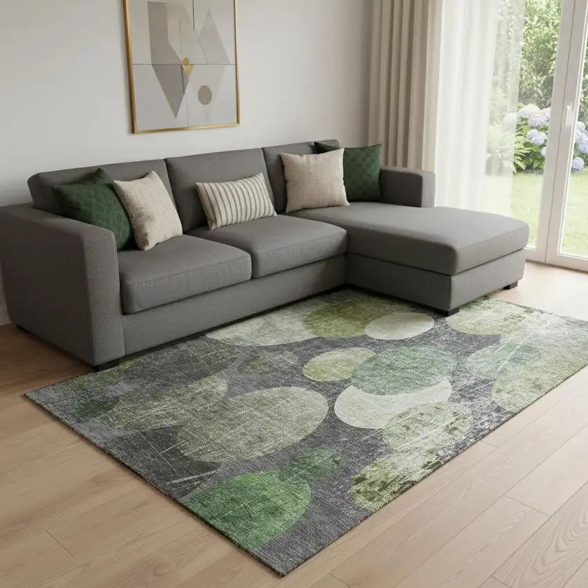 Green Ivory And Gray Abstract Washable Area Rug With UV Protection Photo 1