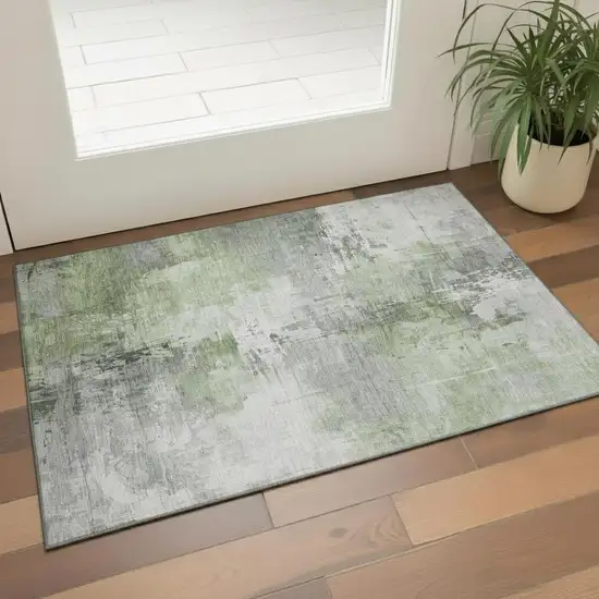 Green Ivory And Gray Abstract Washable Area Rug With UV Protection Photo 2