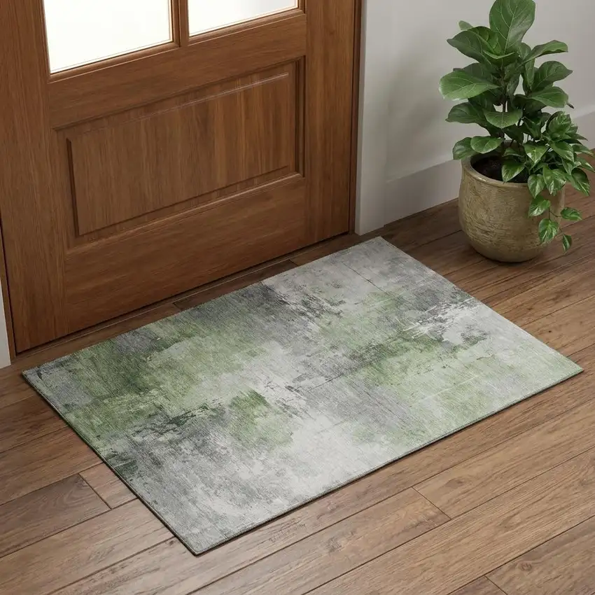 Green Ivory And Gray Abstract Washable Area Rug With UV Protection Photo 1