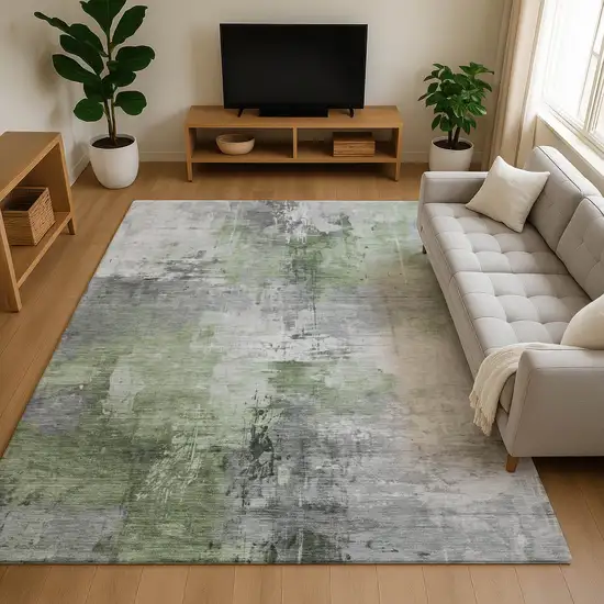 Green Ivory And Gray Abstract Washable Area Rug With UV Protection Photo 4