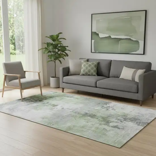 Green Ivory And Gray Abstract Washable Area Rug With UV Protection Photo 2