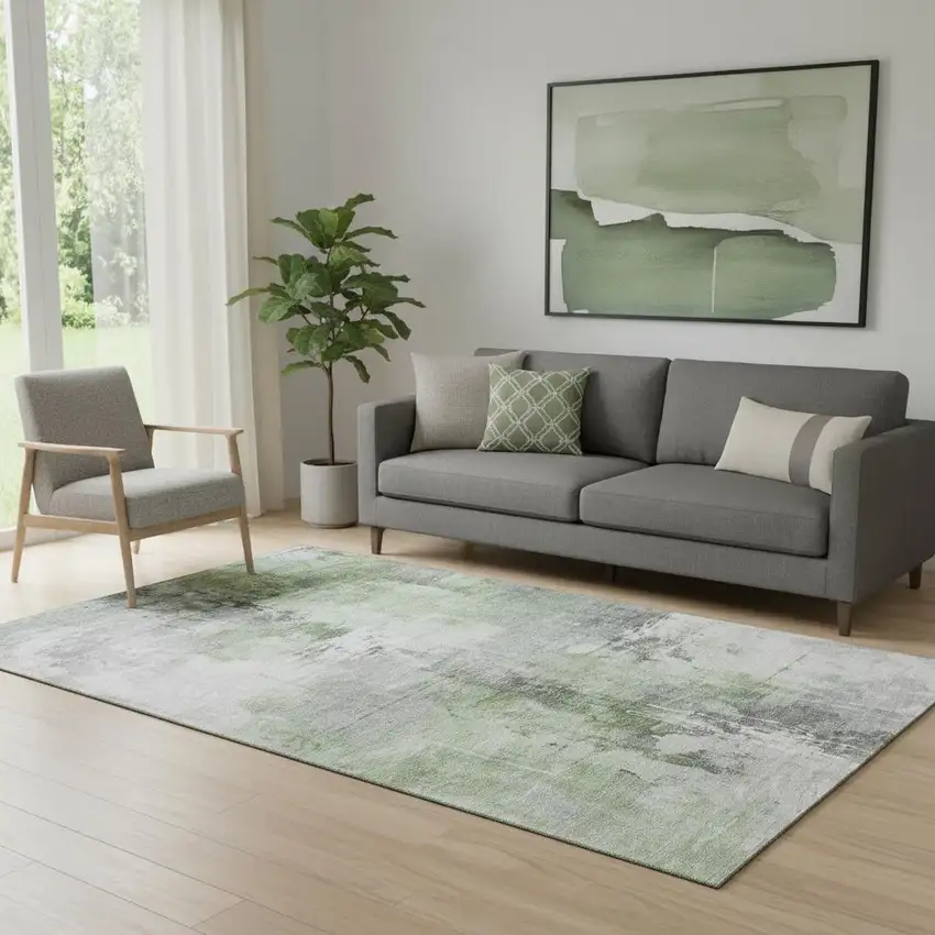 Green Ivory And Gray Abstract Washable Area Rug With UV Protection Photo 2