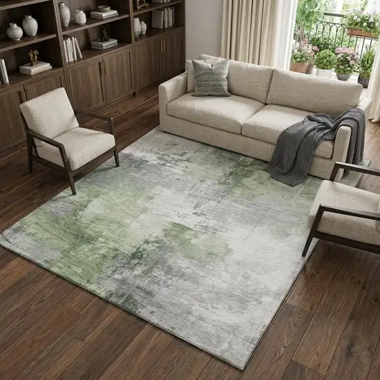 Green Ivory And Gray Abstract Washable Area Rug With UV Protection Photo 1
