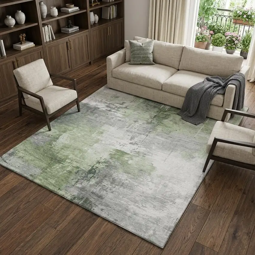 Green Ivory And Gray Abstract Washable Area Rug With UV Protection Photo 1