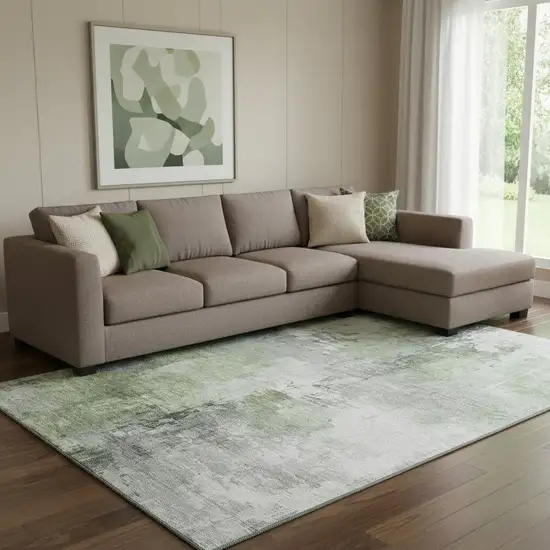 Green Ivory And Gray Abstract Washable Area Rug With UV Protection Photo 2