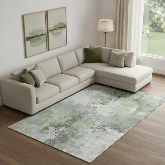 Green Ivory And Gray Abstract Washable Area Rug With UV Protection Photo 2
