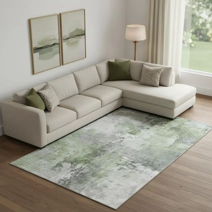 Green Ivory And Gray Abstract Washable Area Rug With UV Protection Photo 2