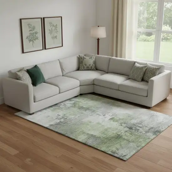 Green Ivory And Gray Abstract Washable Area Rug With UV Protection Photo 2