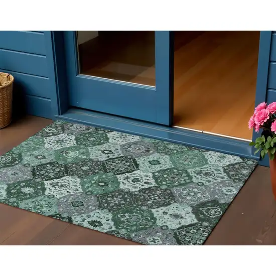 Green Ivory And Gray Floral Medallion Washable Indoor Outdoor Area Rug Photo 1