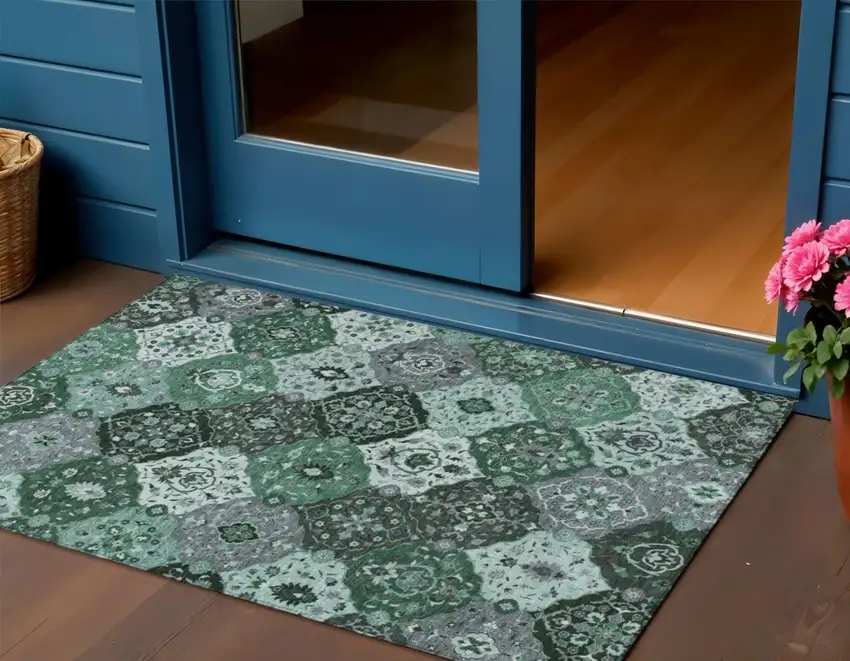 Green Ivory And Gray Floral Medallion Washable Indoor Outdoor Area Rug Photo 1