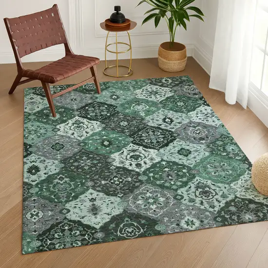 Green Ivory And Gray Floral Medallion Washable Indoor Outdoor Area Rug Photo 8