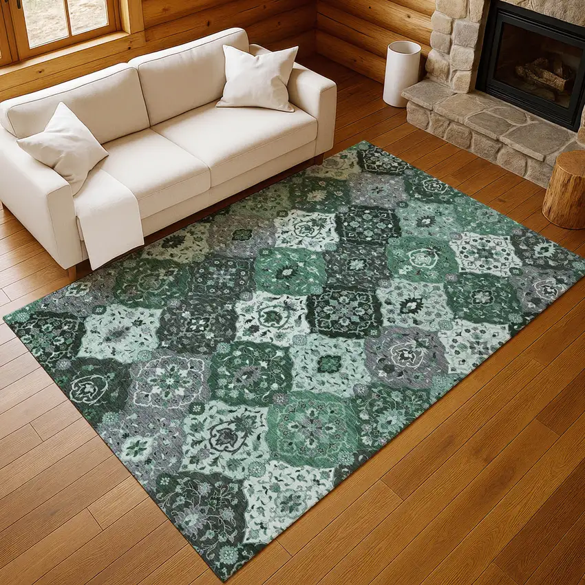 Green Ivory And Gray Floral Medallion Washable Indoor Outdoor Area Rug Photo 7