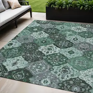 Photo of Green Ivory And Gray Floral Medallion Washable Indoor Outdoor Area Rug