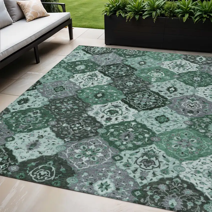 Green Ivory And Gray Floral Medallion Washable Indoor Outdoor Area Rug Photo 1