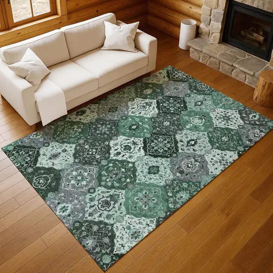 Green Ivory And Gray Floral Medallion Washable Indoor Outdoor Area Rug Photo 8