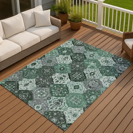 Green Ivory And Gray Floral Medallion Washable Indoor Outdoor Area Rug Photo 7