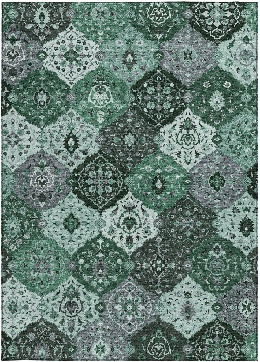 Green Ivory And Gray Floral Medallion Washable Indoor Outdoor Area Rug Photo 4