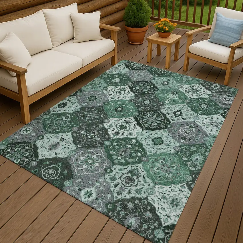 Green Ivory And Gray Floral Medallion Washable Indoor Outdoor Area Rug Photo 9