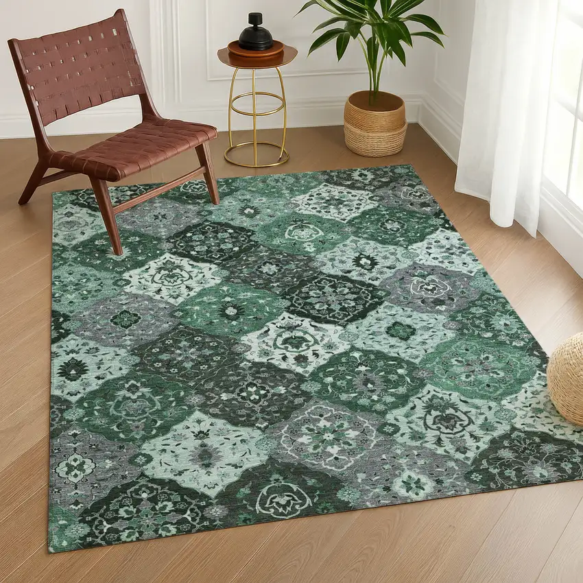 Green Ivory And Gray Floral Medallion Washable Indoor Outdoor Area Rug Photo 9