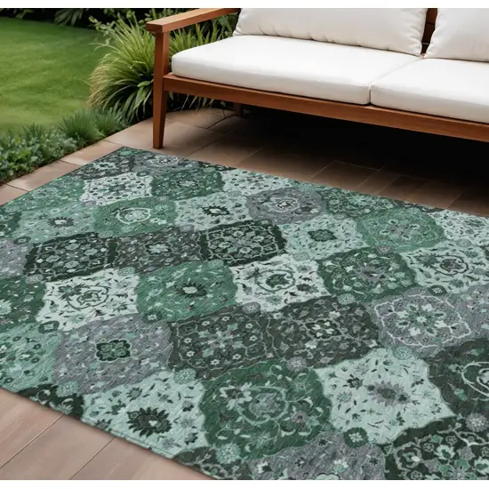 Green Ivory And Gray Floral Medallion Washable Indoor Outdoor Area Rug Photo 1