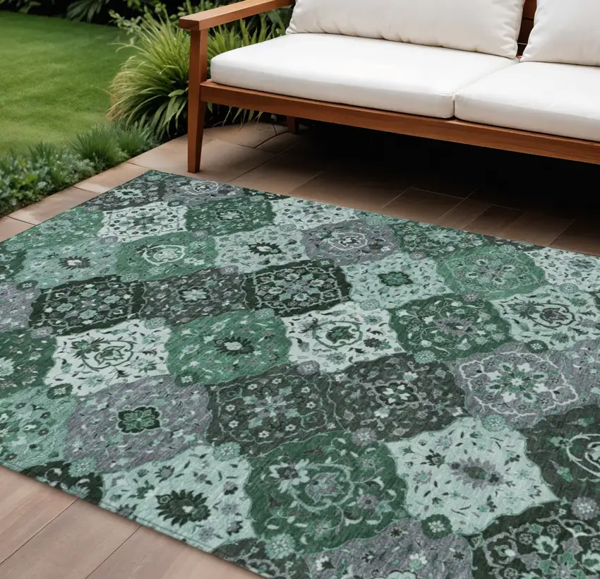 Green Ivory And Gray Floral Medallion Washable Indoor Outdoor Area Rug Photo 1