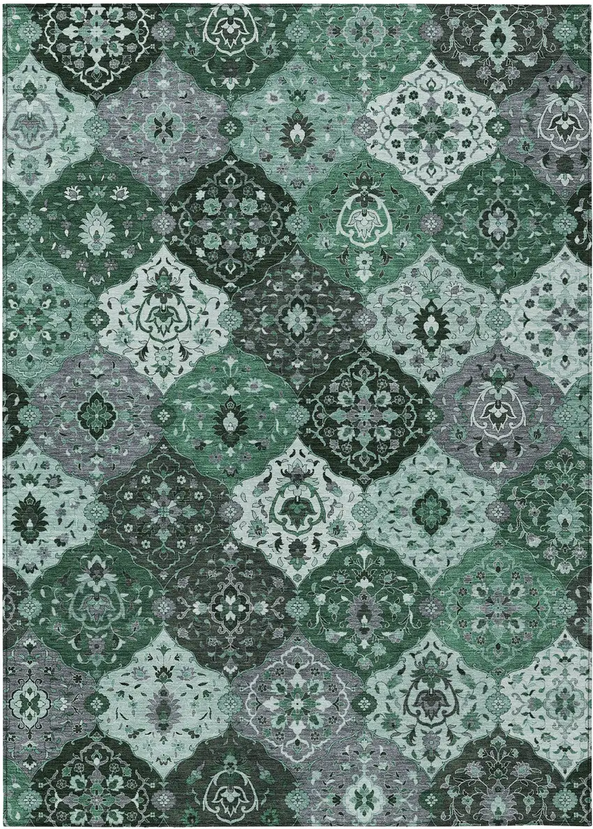 Green Ivory And Gray Floral Medallion Washable Indoor Outdoor Area Rug Photo 2