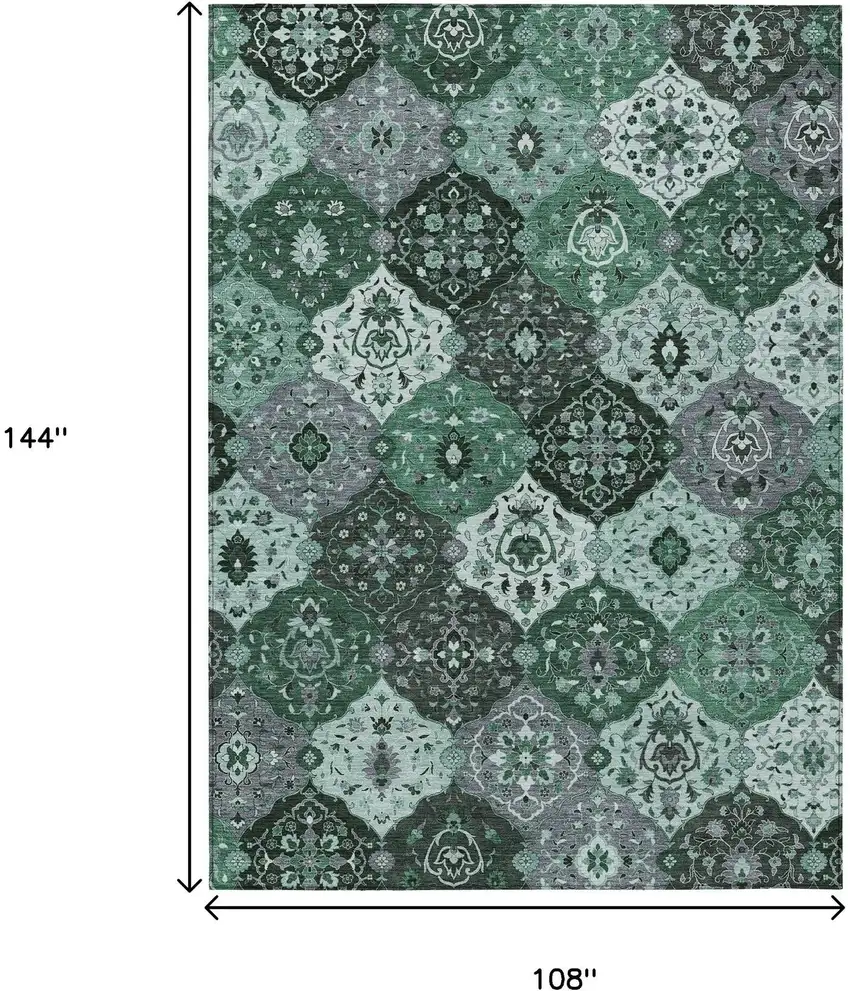 Green Ivory And Gray Floral Medallion Washable Indoor Outdoor Area Rug Photo 3