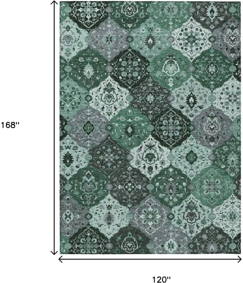 Green Ivory And Gray Floral Medallion Washable Indoor Outdoor Area Rug Photo 3