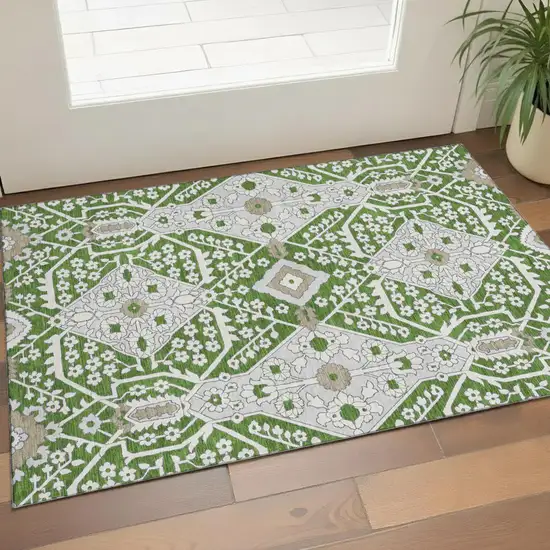 Green Ivory And Gray Floral Washable Area Rug With UV Protection Photo 1