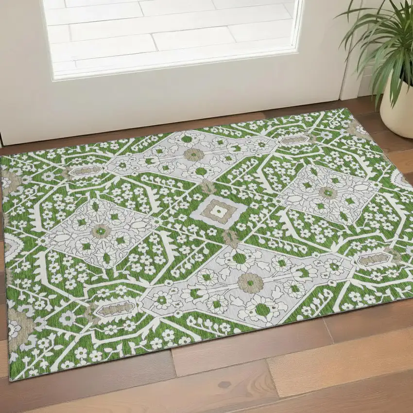 Green Ivory And Gray Floral Washable Area Rug With UV Protection Photo 1