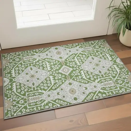 Green Ivory And Gray Floral Washable Area Rug With UV Protection Photo 1
